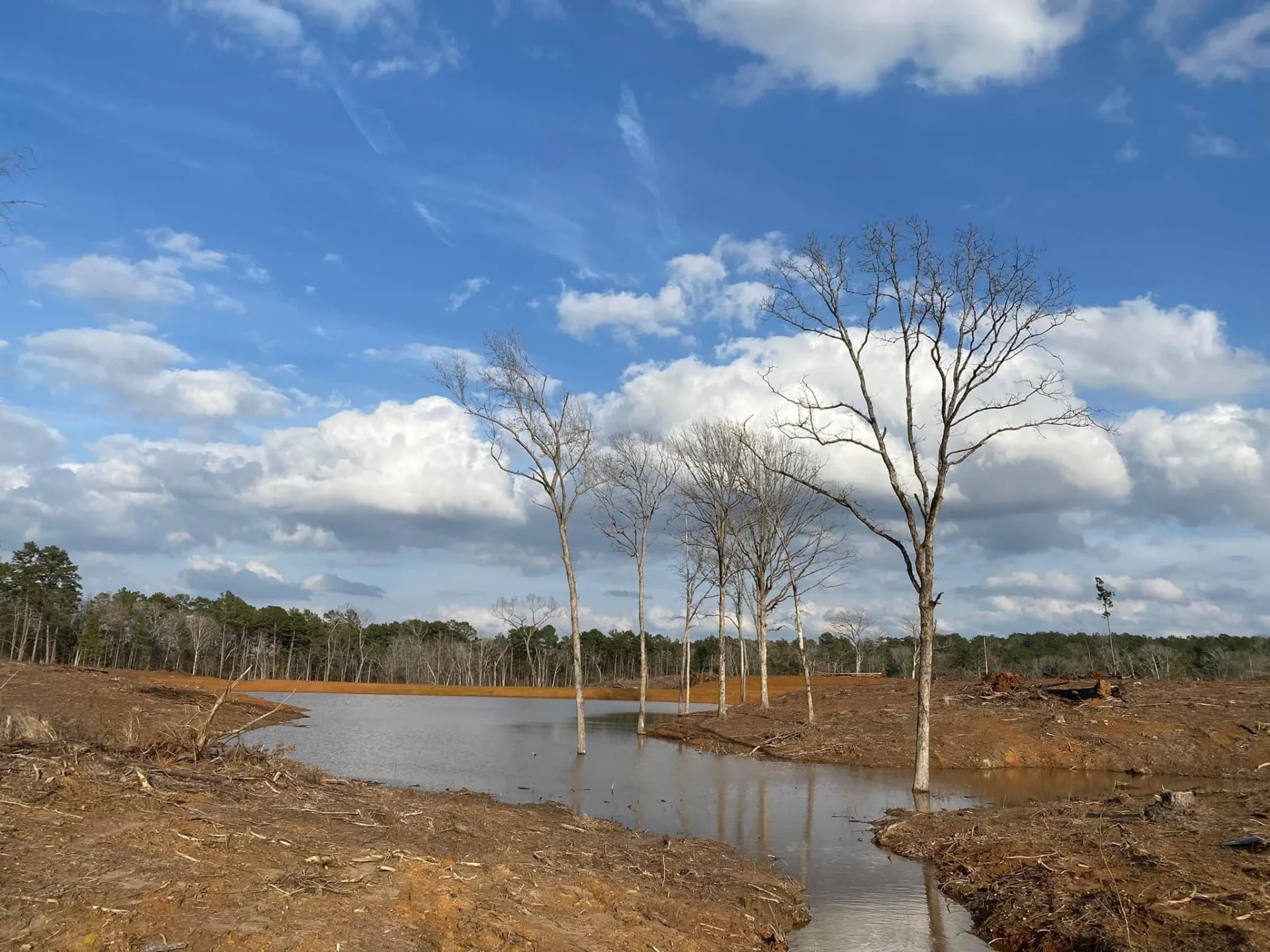 Finished pond filling with water after land clearing