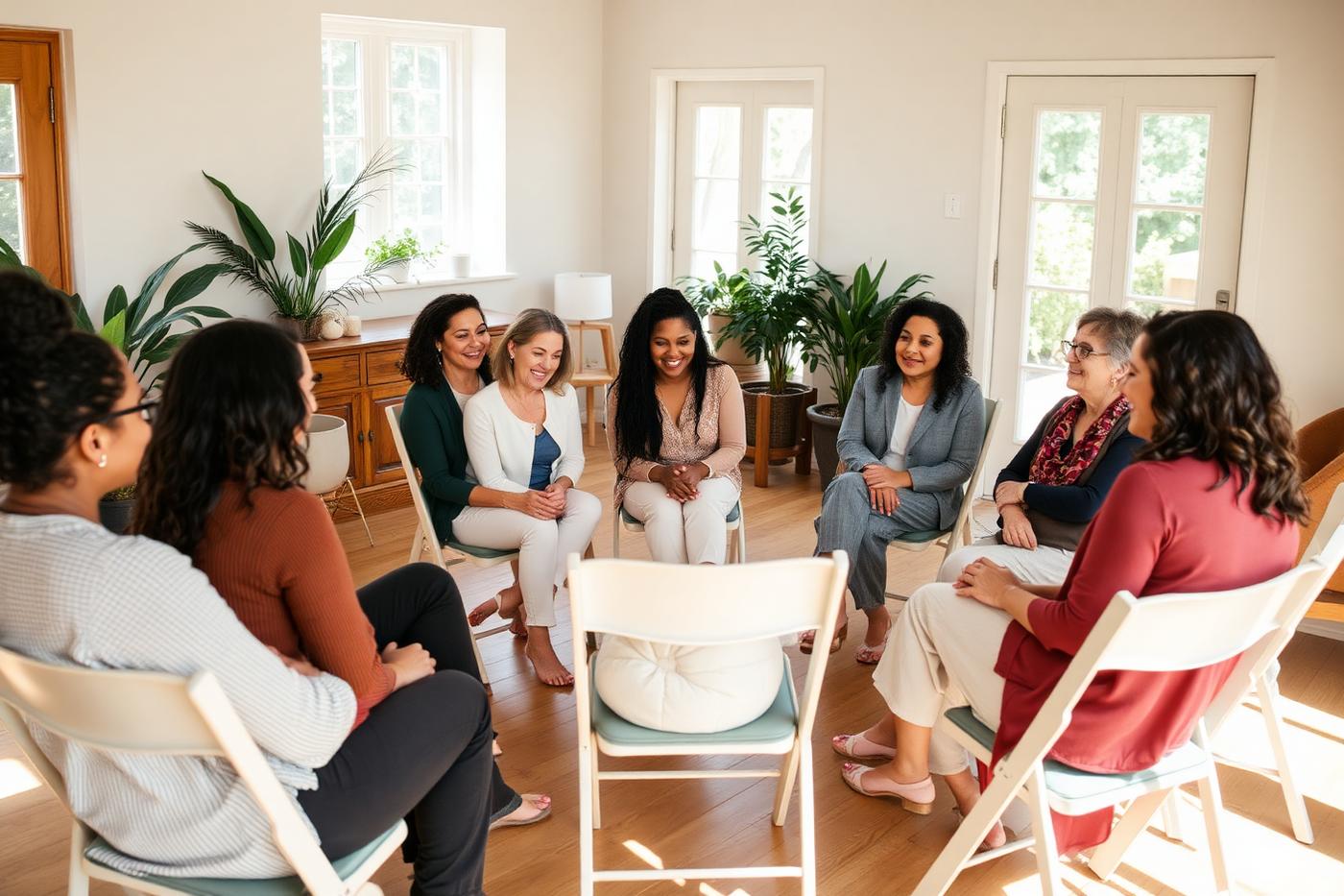 Adults seated in a circle during a free WellMind peer support group.